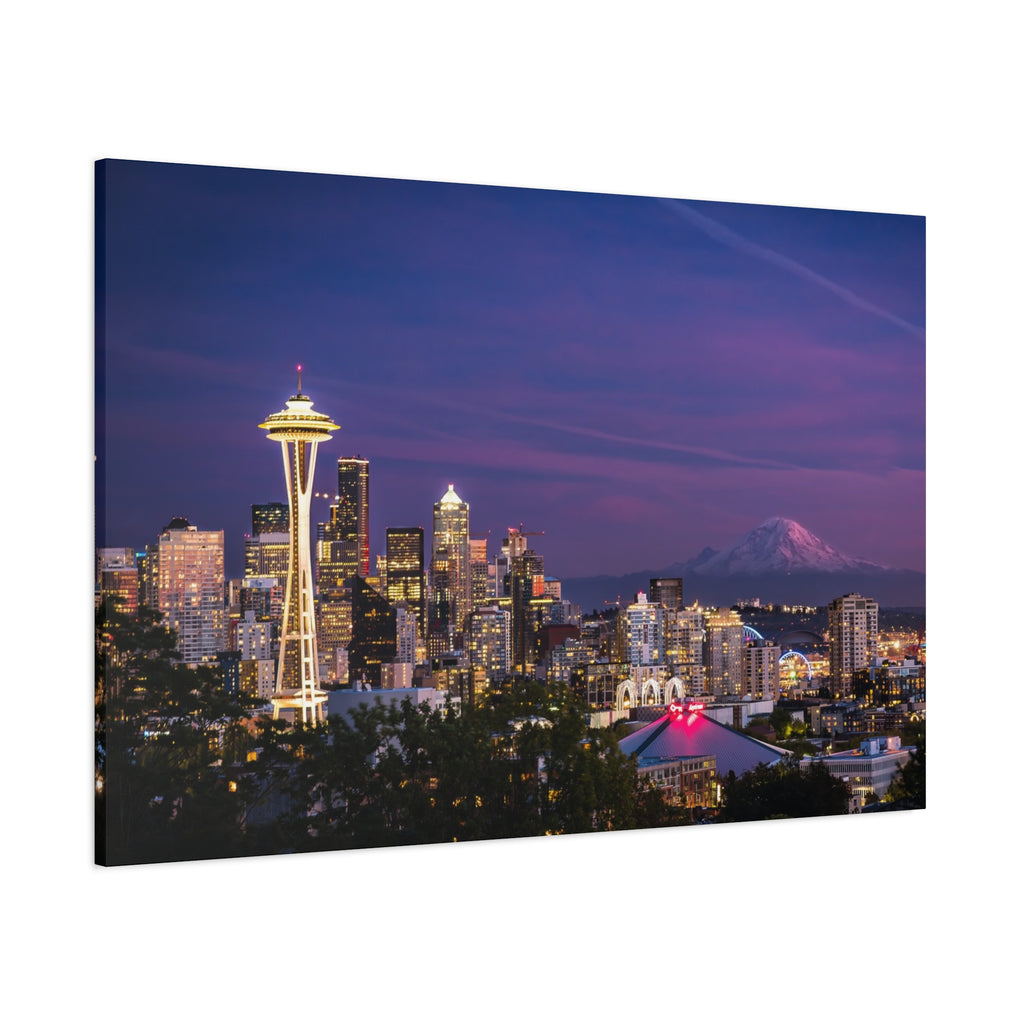Seattle Skyline at Dusk Classic Stretched Canvas | Space Needle, Mount Rainier Panorama