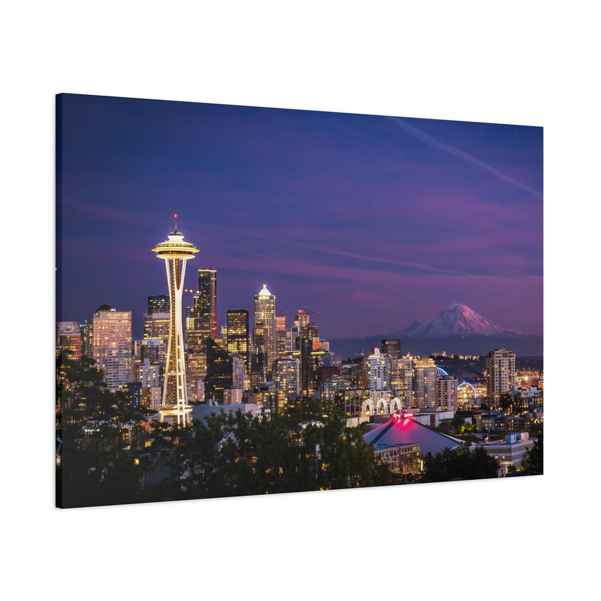 Seattle Skyline at Dusk Classic Stretched Canvas | Space Needle, Mount Rainier Panorama