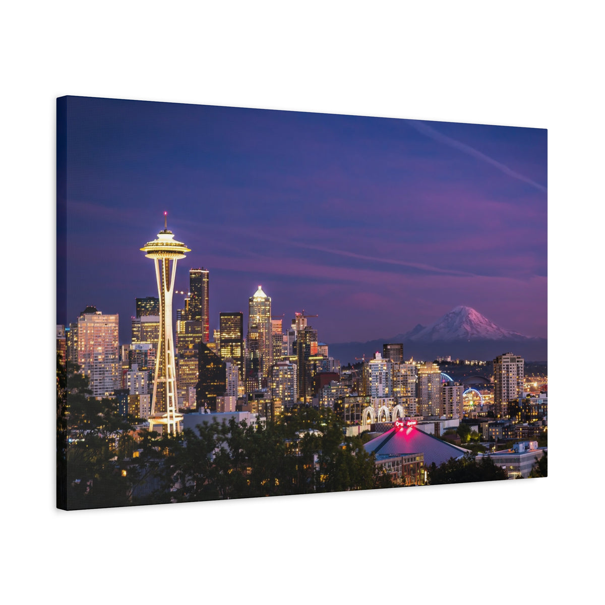 Seattle Skyline at Dusk Classic Stretched Canvas | Space Needle, Mount Rainier Panorama