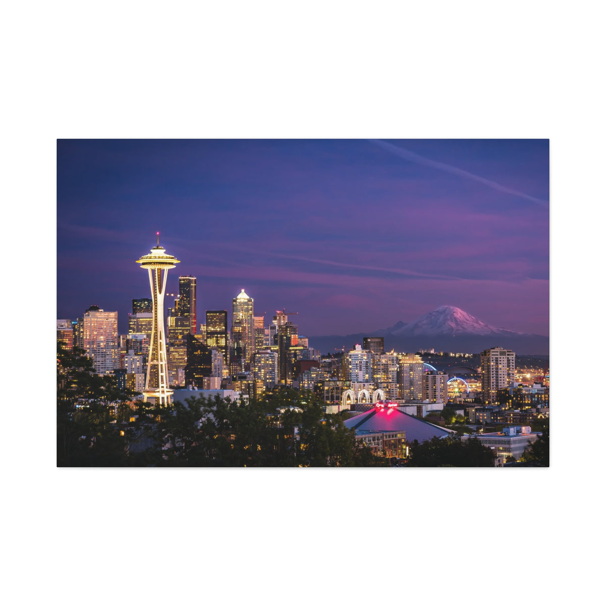 Seattle Skyline at Dusk Classic Stretched Canvas | Space Needle, Mount Rainier Panorama