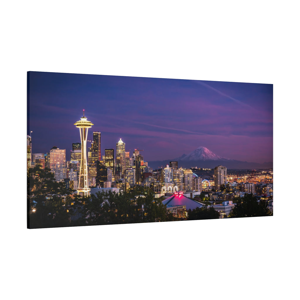 Seattle Skyline at Dusk Classic Stretched Canvas | Space Needle, Mount Rainier Panorama