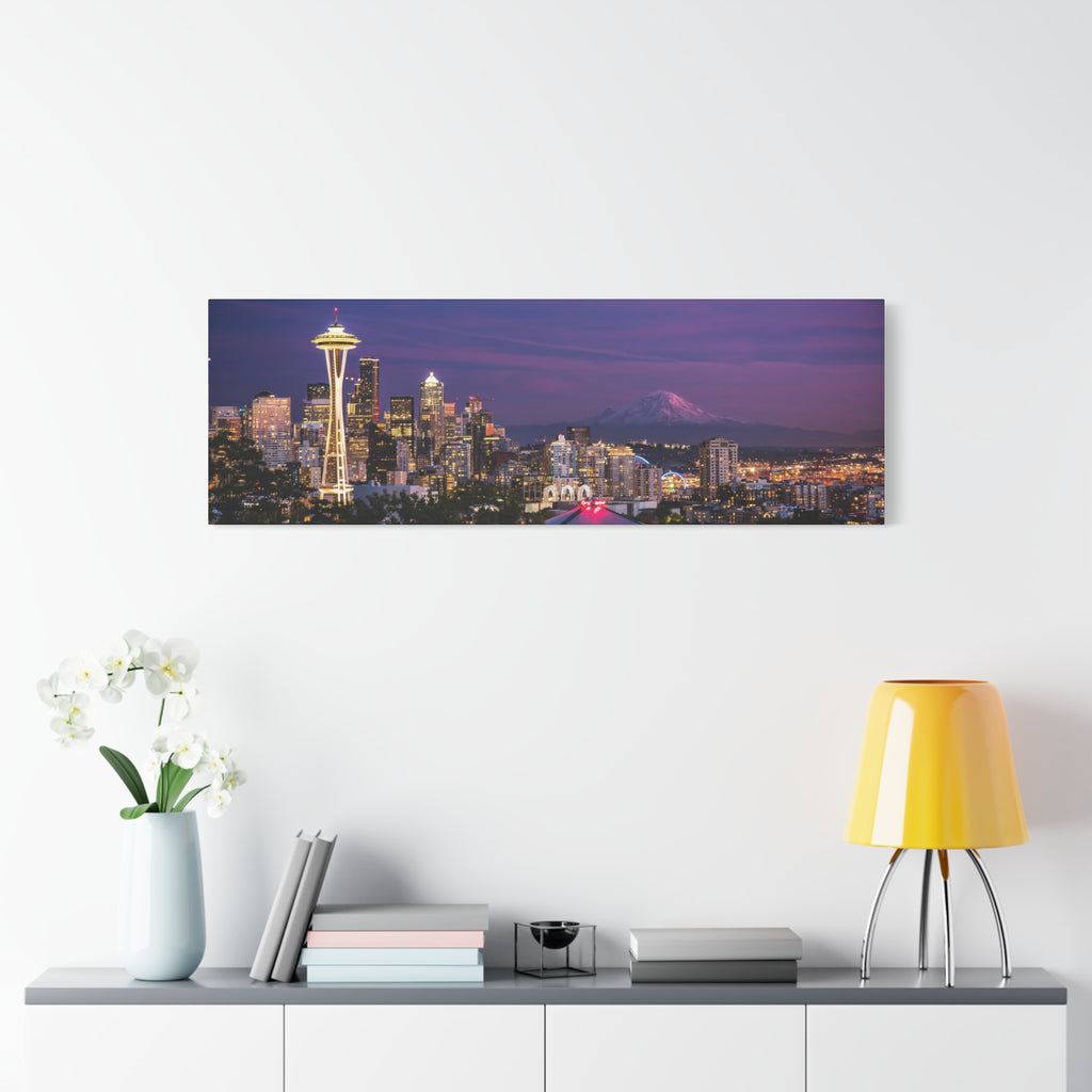 Seattle Skyline at Dusk Classic Stretched Canvas | Space Needle, Mount Rainier Panorama
