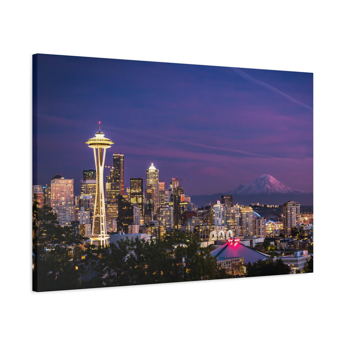 Seattle Skyline at Dusk Classic Stretched Canvas | Space Needle, Mount Rainier Panorama