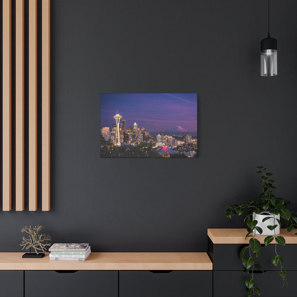 Seattle Skyline at Dusk Classic Stretched Canvas | Space Needle, Mount Rainier Panorama