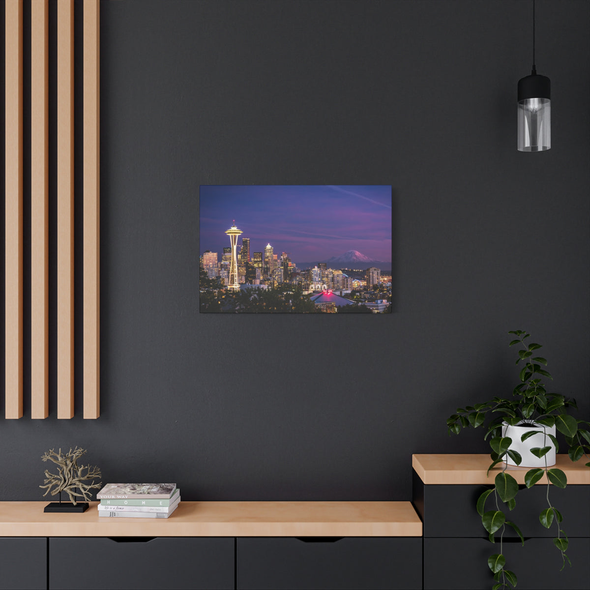 Seattle Skyline at Dusk Classic Stretched Canvas | Space Needle, Mount Rainier Panorama