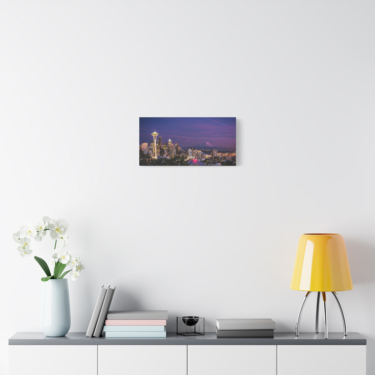 Seattle Skyline at Dusk Classic Stretched Canvas | Space Needle, Mount Rainier Panorama