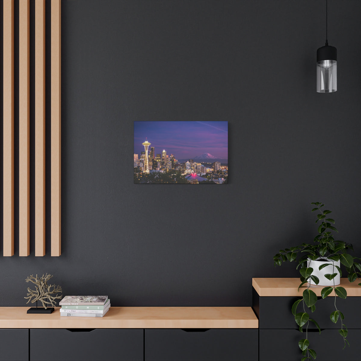 Seattle Skyline at Dusk Classic Stretched Canvas | Space Needle, Mount Rainier Panorama