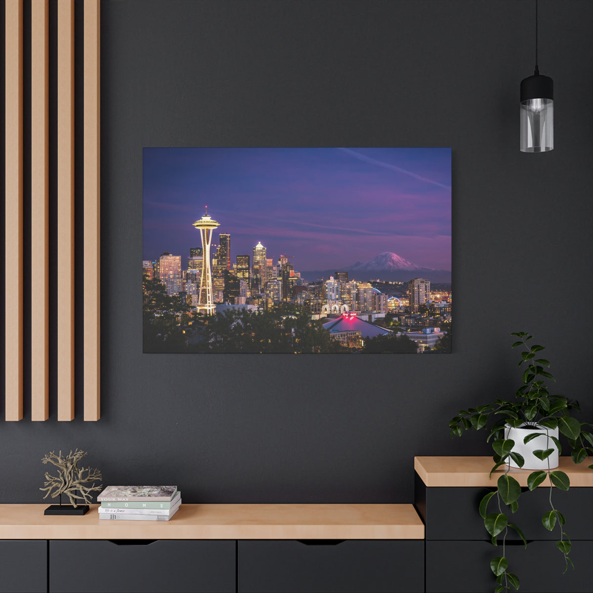 Seattle Skyline at Dusk Classic Stretched Canvas | Space Needle, Mount Rainier Panorama