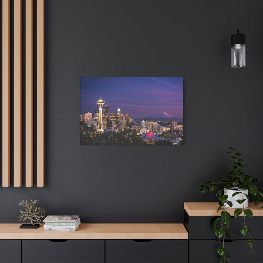 Seattle Skyline at Dusk Classic Stretched Canvas | Space Needle, Mount Rainier Panorama