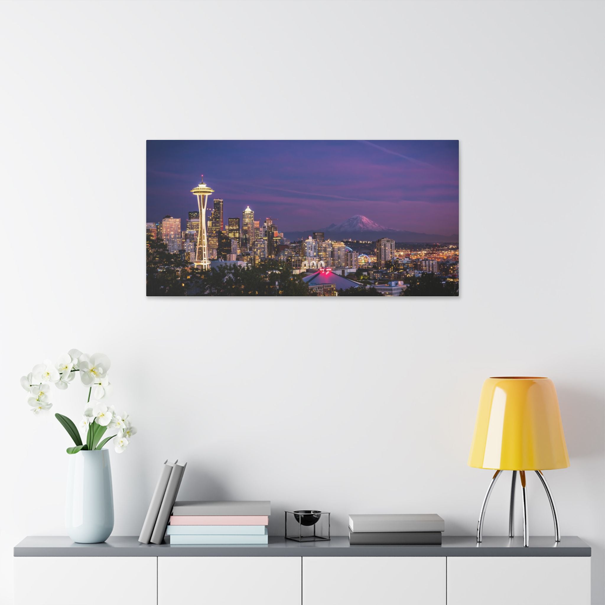 Seattle Skyline at Dusk Classic Stretched Canvas | Space Needle, Mount Rainier Panorama