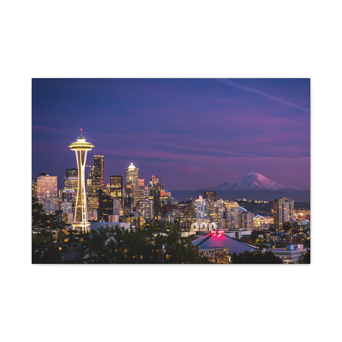 Seattle Skyline at Dusk Classic Stretched Canvas | Space Needle, Mount Rainier Panorama