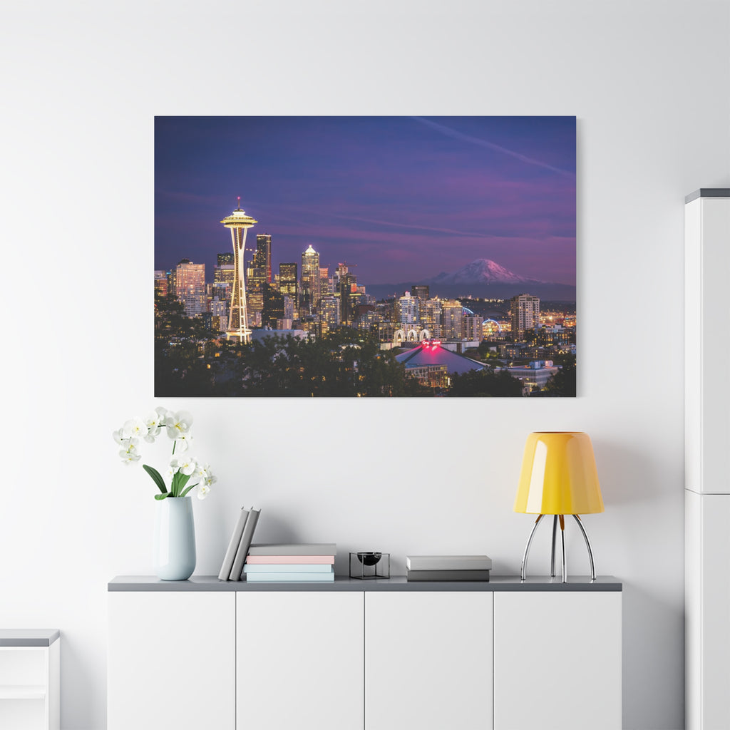 Seattle Skyline at Dusk Classic Stretched Canvas | Space Needle, Mount Rainier Panorama