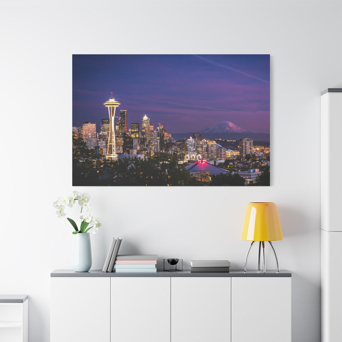 Seattle Skyline at Dusk Classic Stretched Canvas | Space Needle, Mount Rainier Panorama