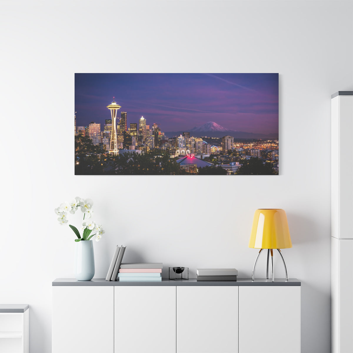 Seattle Skyline at Dusk Classic Stretched Canvas | Space Needle, Mount Rainier Panorama