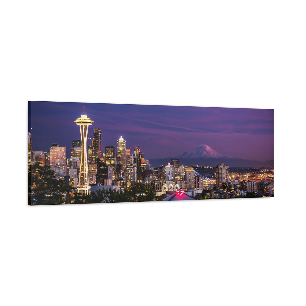 Seattle Skyline at Dusk Classic Stretched Canvas | Space Needle, Mount Rainier Panorama