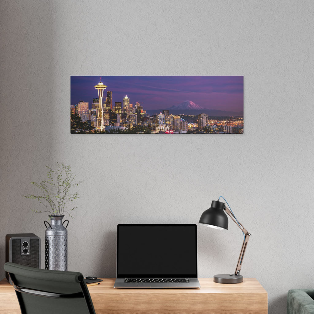 Seattle Skyline at Dusk Classic Stretched Canvas | Space Needle, Mount Rainier Panorama
