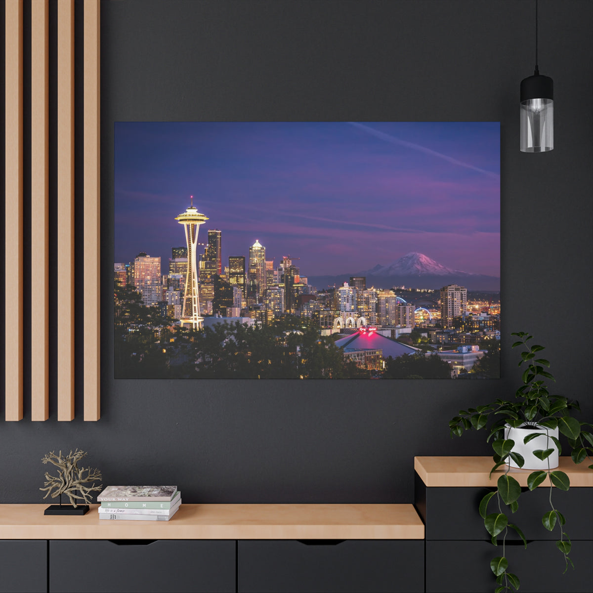 Seattle Skyline at Dusk Classic Stretched Canvas | Space Needle, Mount Rainier Panorama