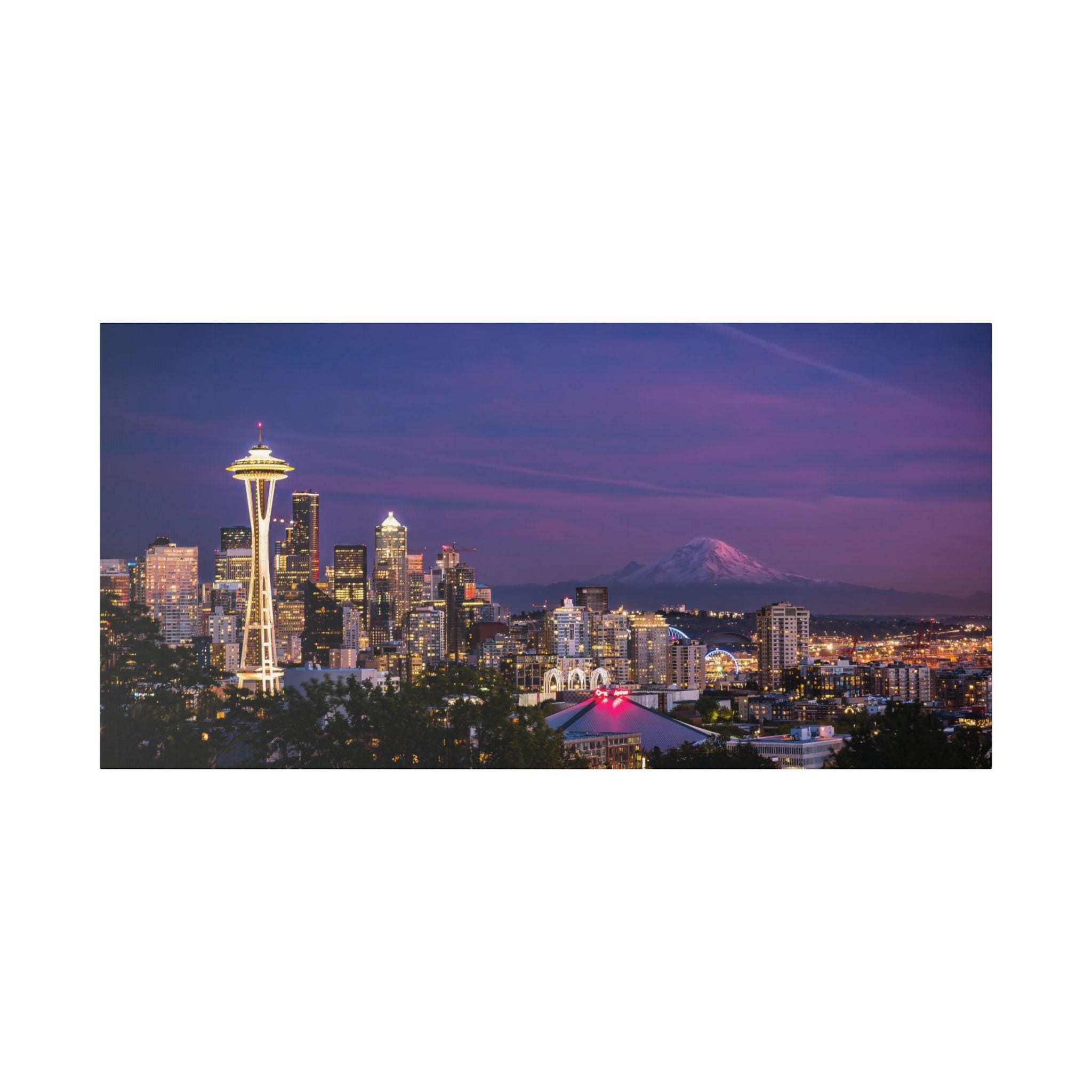 Seattle Skyline at Dusk Classic Stretched Canvas | Space Needle, Mount Rainier Panorama