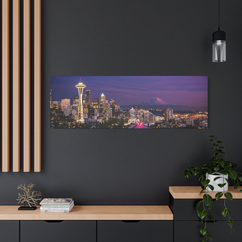 Seattle Skyline at Dusk Classic Stretched Canvas | Space Needle, Mount Rainier Panorama