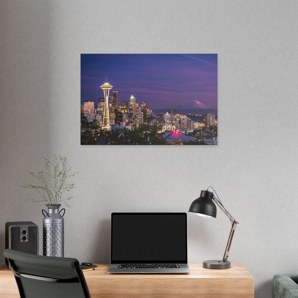 Seattle Skyline at Dusk Classic Stretched Canvas | Space Needle, Mount Rainier Panorama