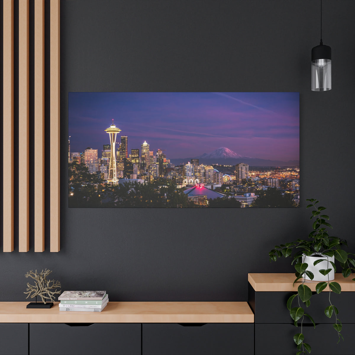 Seattle Skyline at Dusk Classic Stretched Canvas | Space Needle, Mount Rainier Panorama
