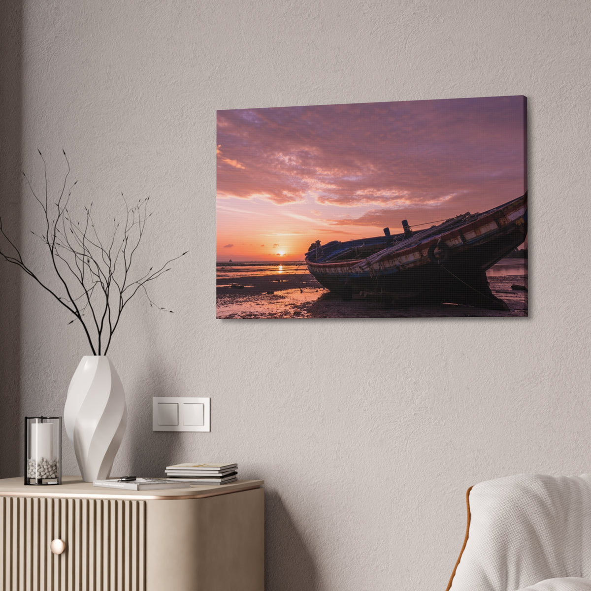 Phuket Thailand Low Tide Sunrise with Boat | Classic Stretched Canvas