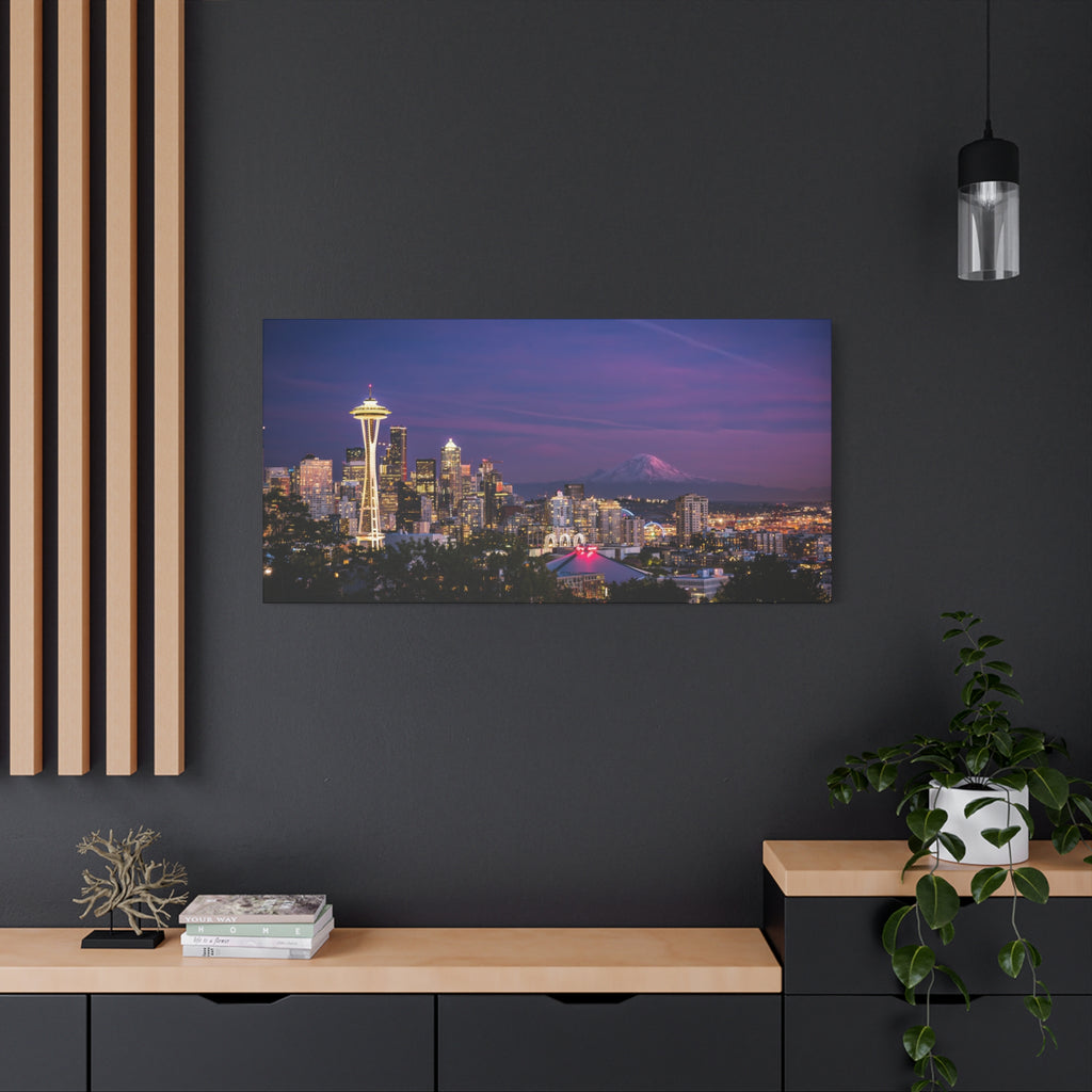 Seattle Skyline at Dusk Classic Stretched Canvas | Space Needle, Mount Rainier Panorama
