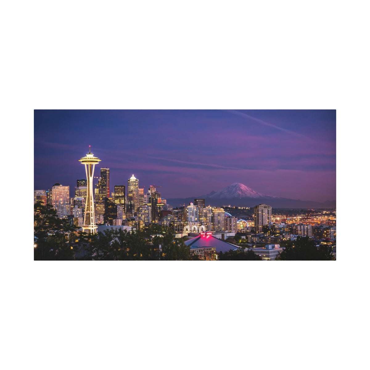 Seattle Skyline at Dusk Classic Stretched Canvas | Space Needle, Mount Rainier Panorama