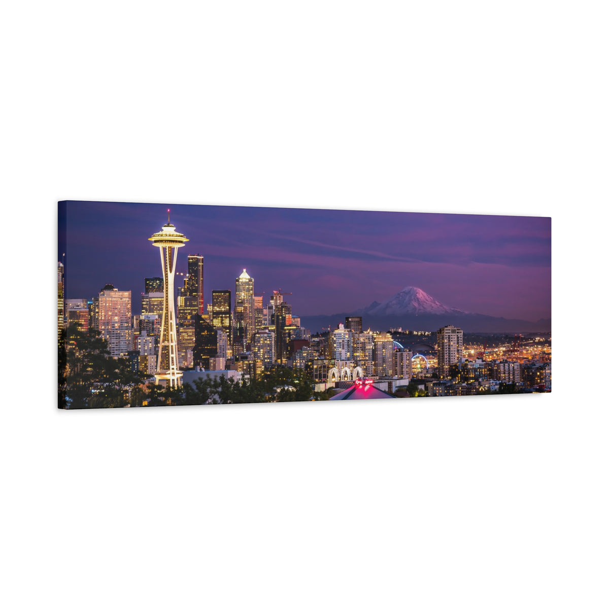 Seattle Skyline at Dusk Classic Stretched Canvas | Space Needle, Mount Rainier Panorama
