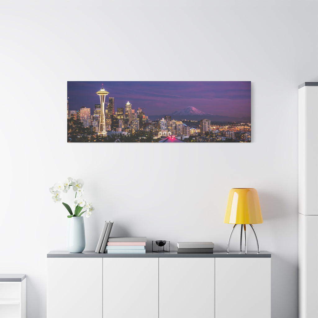 Seattle Skyline at Dusk Classic Stretched Canvas | Space Needle, Mount Rainier Panorama