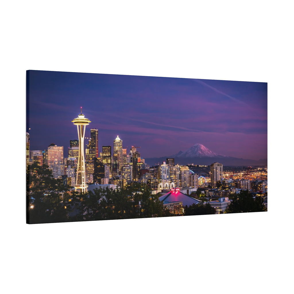 Seattle Skyline at Dusk Classic Stretched Canvas | Space Needle, Mount Rainier Panorama
