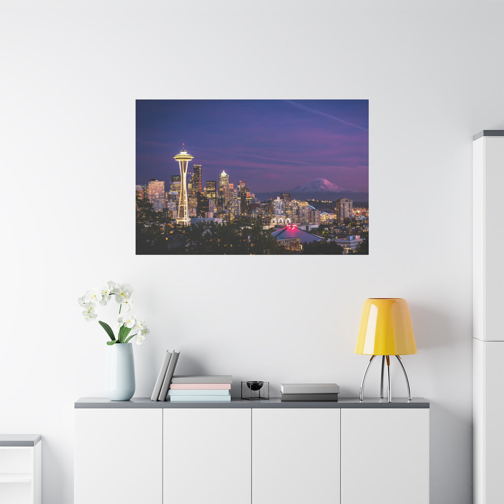 Seattle Skyline at Dusk Classic Stretched Canvas | Space Needle, Mount Rainier Panorama
