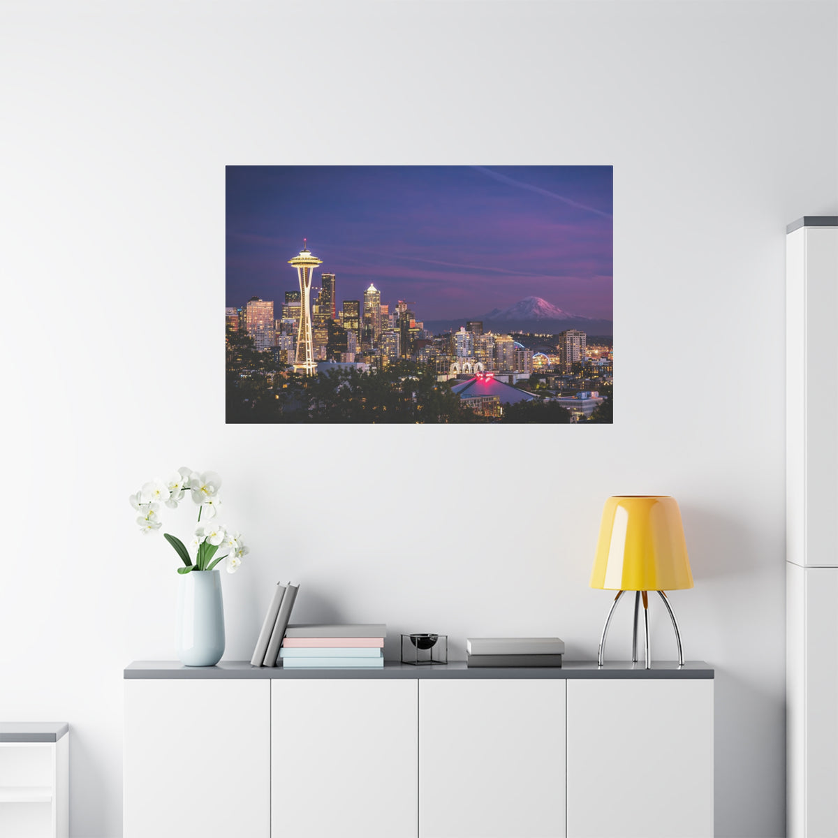 Seattle Skyline at Dusk Classic Stretched Canvas | Space Needle, Mount Rainier Panorama