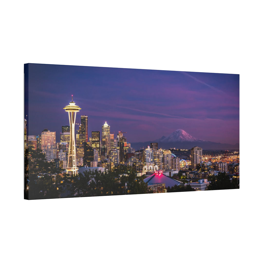 Seattle Skyline at Dusk Classic Stretched Canvas | Space Needle, Mount Rainier Panorama