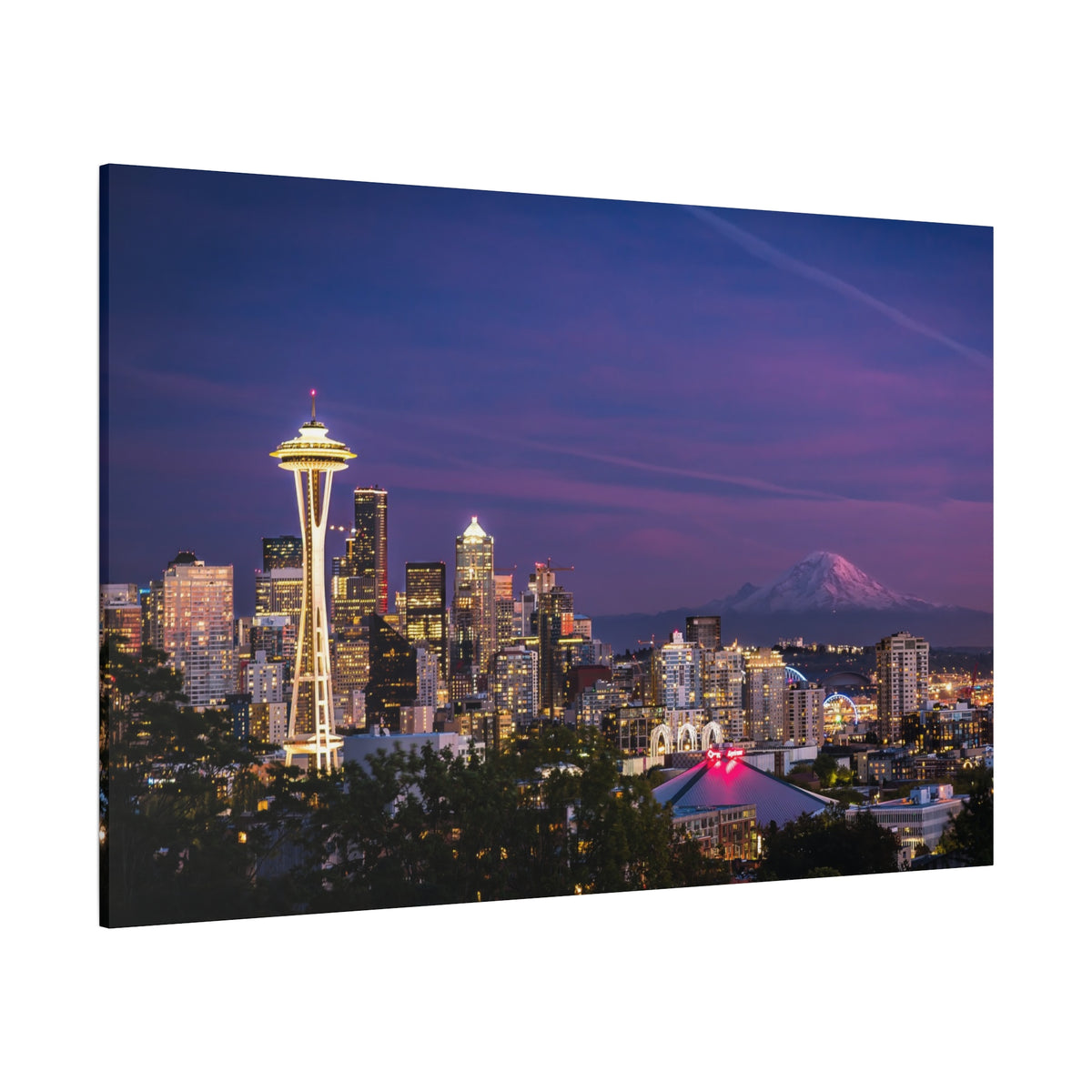 Seattle Skyline at Dusk Classic Stretched Canvas | Space Needle, Mount Rainier Panorama