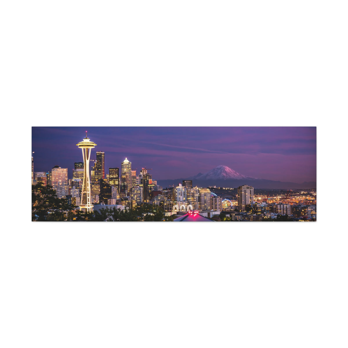 Seattle Skyline at Dusk Classic Stretched Canvas | Space Needle, Mount Rainier Panorama