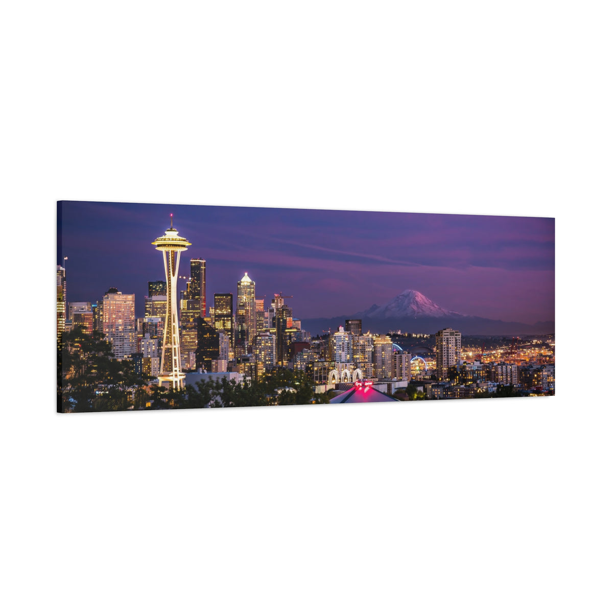Seattle Skyline at Dusk Classic Stretched Canvas | Space Needle, Mount Rainier Panorama