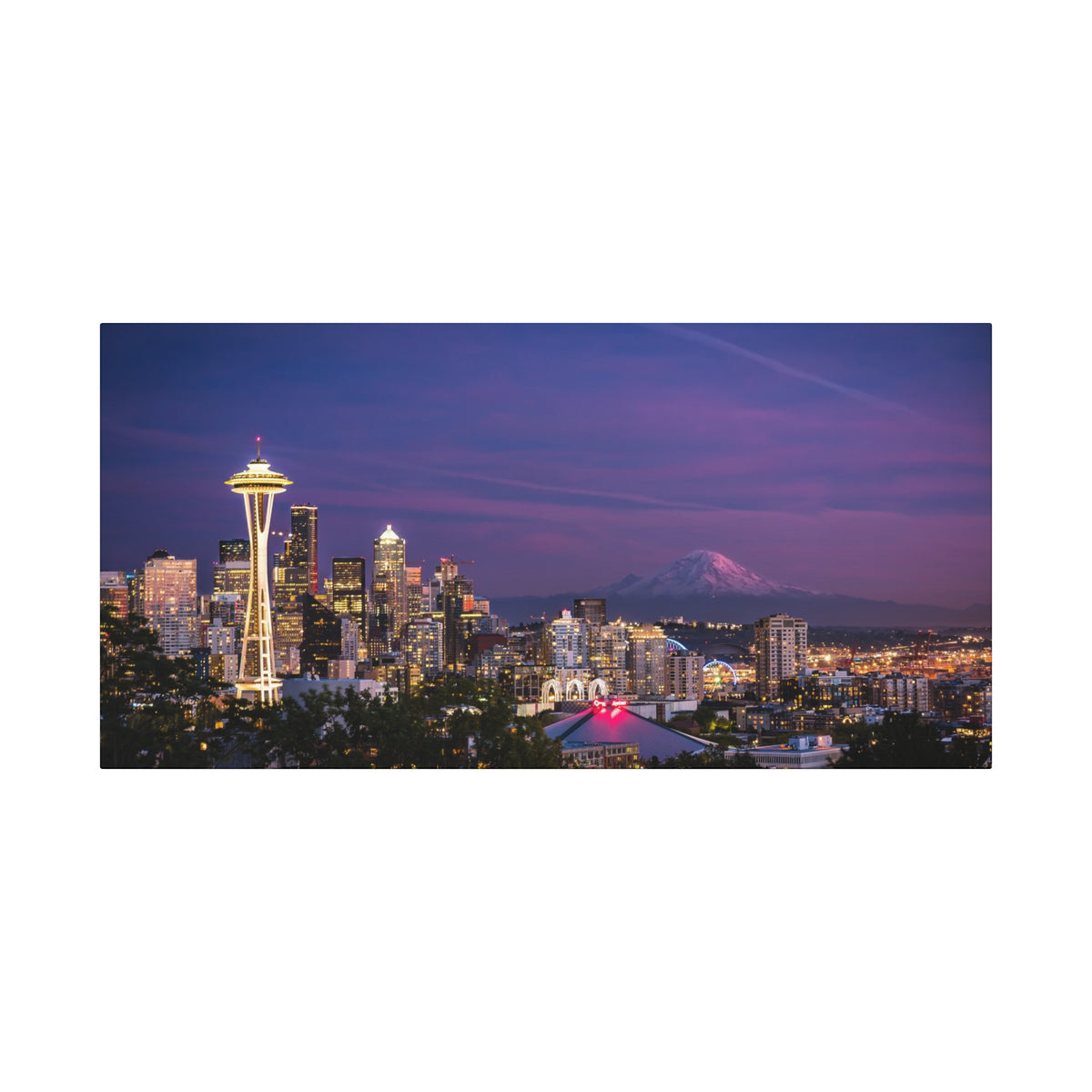 Seattle Skyline at Dusk Classic Stretched Canvas | Space Needle, Mount Rainier Panorama