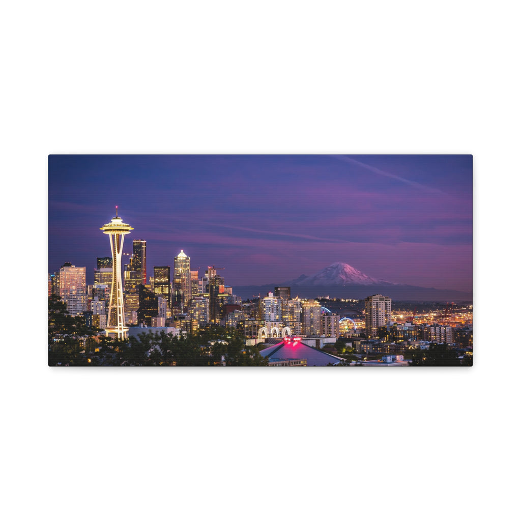 Seattle Skyline at Dusk Classic Stretched Canvas | Space Needle, Mount Rainier Panorama