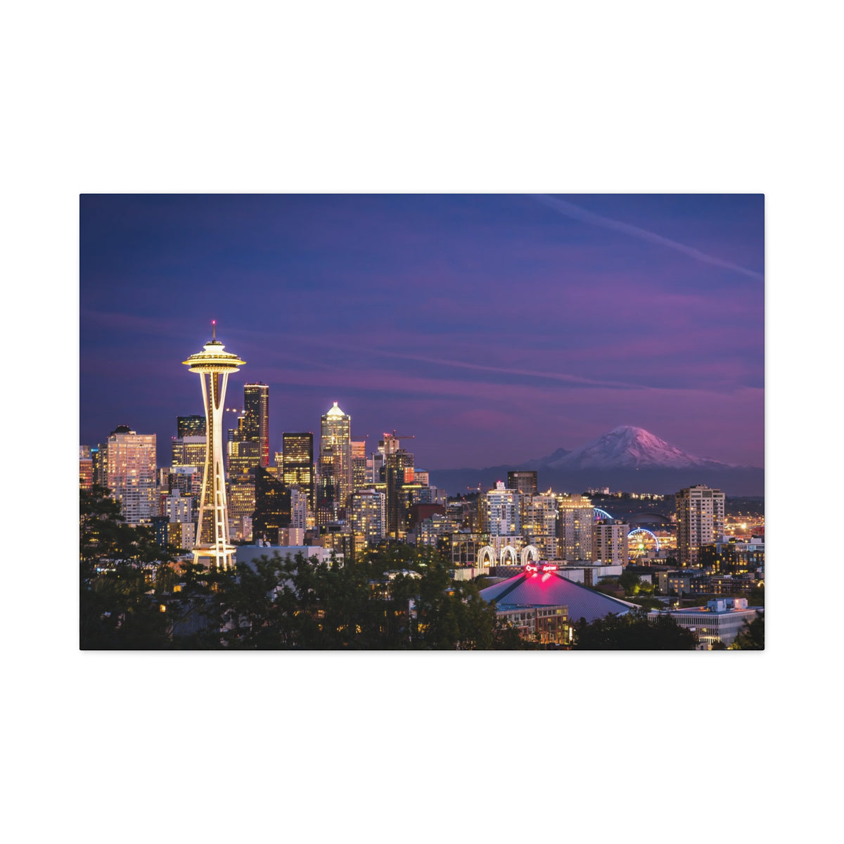 Seattle Skyline at Dusk Classic Stretched Canvas | Space Needle, Mount Rainier Panorama