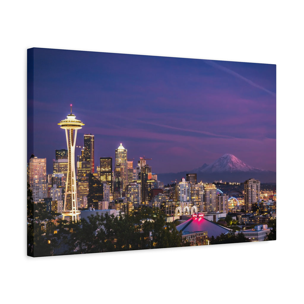 Seattle Skyline at Dusk Classic Stretched Canvas | Space Needle, Mount Rainier Panorama