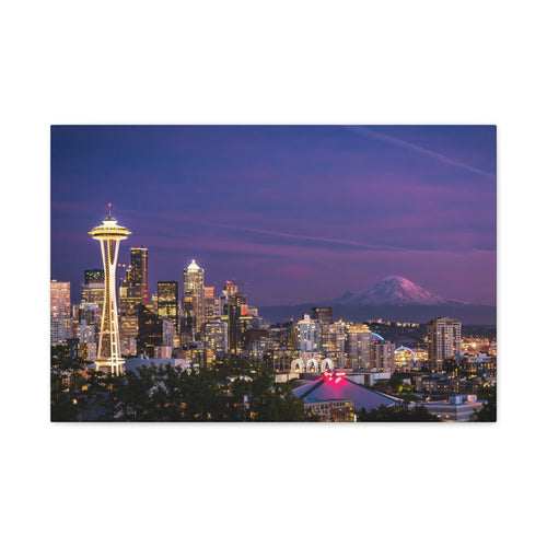 Seattle Skyline at Dusk Classic Stretched Canvas | Space Needle, Mount Rainier Panorama