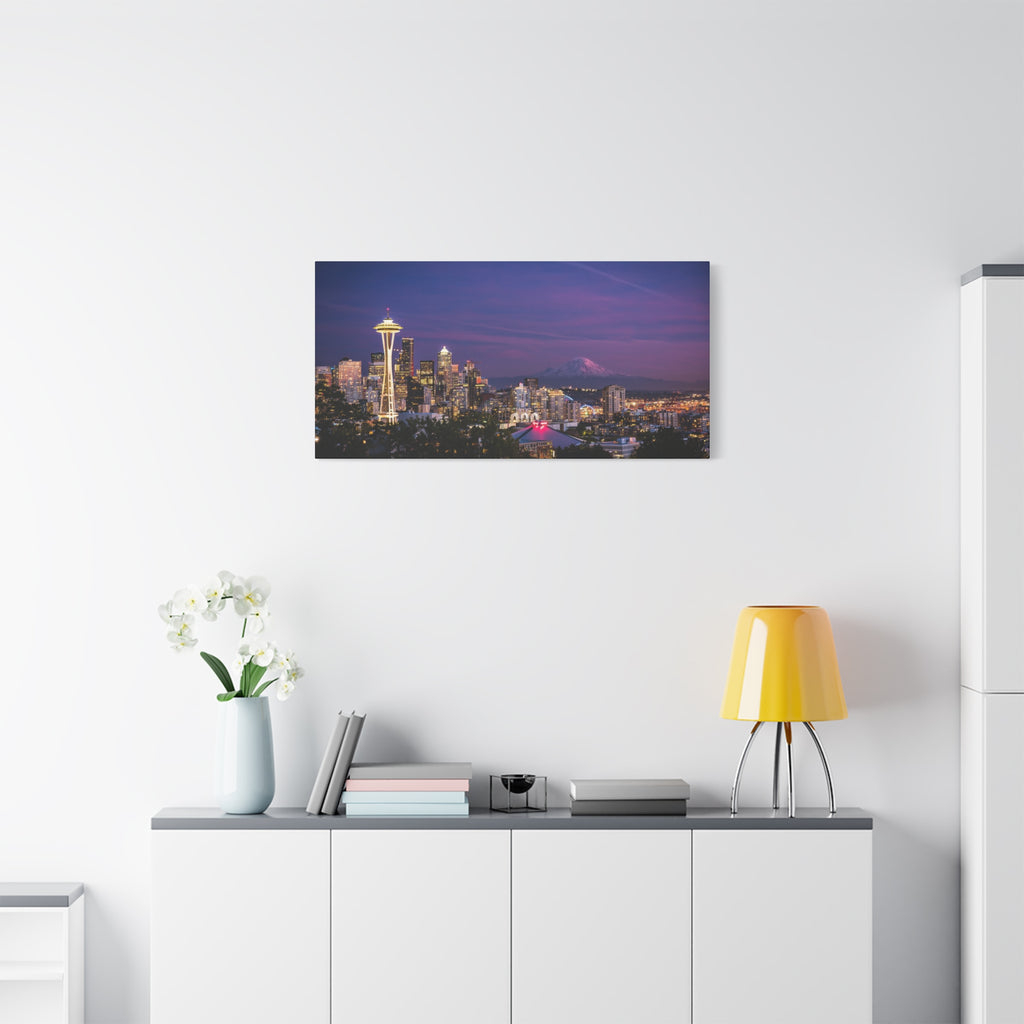 Seattle Skyline at Dusk Classic Stretched Canvas | Space Needle, Mount Rainier Panorama