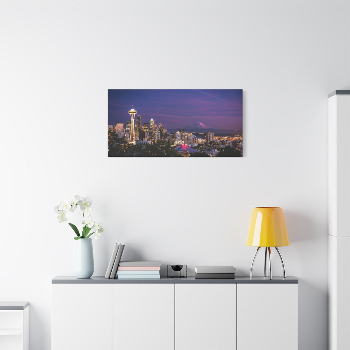 Seattle Skyline at Dusk Classic Stretched Canvas | Space Needle, Mount Rainier Panorama