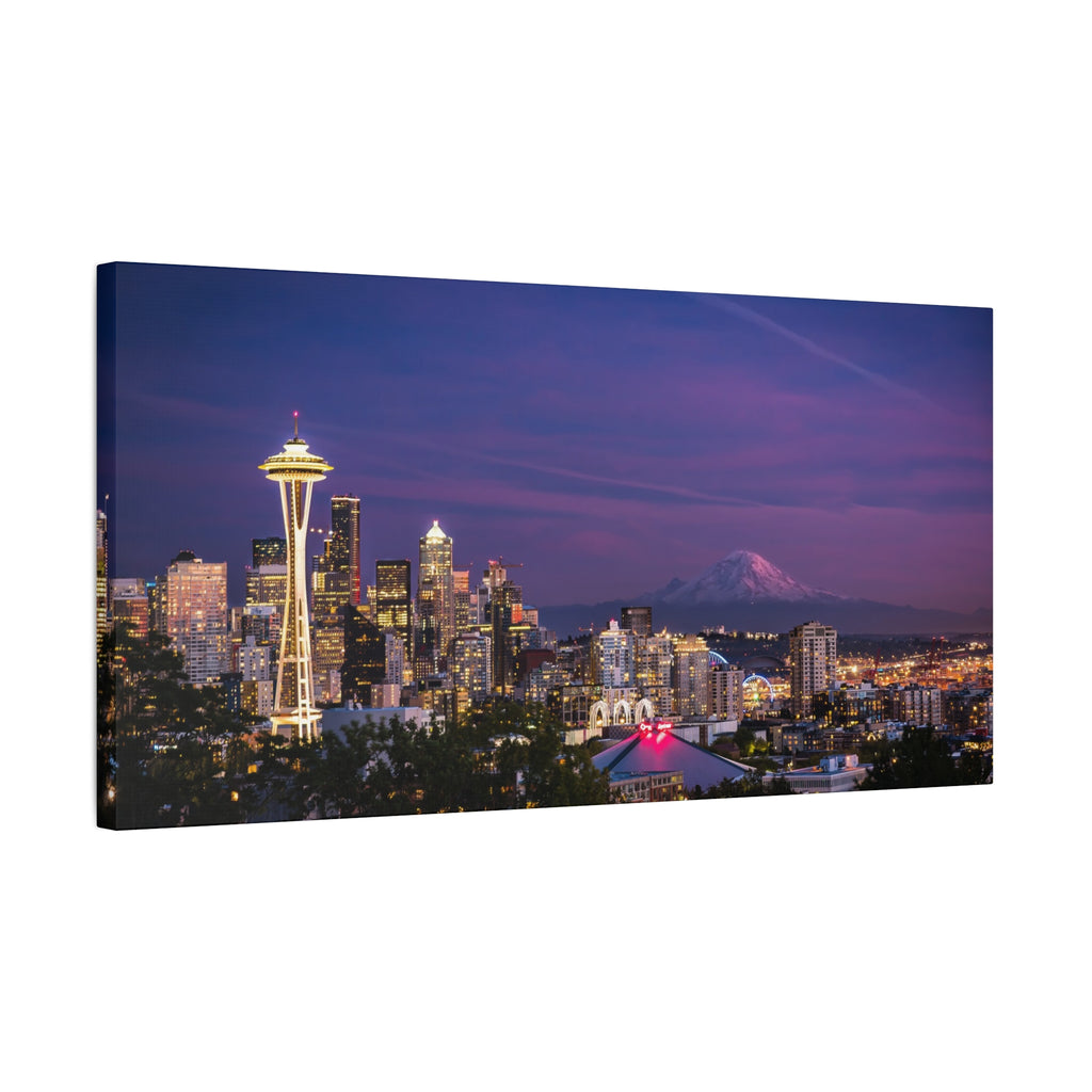 Seattle Skyline at Dusk Classic Stretched Canvas | Space Needle, Mount Rainier Panorama