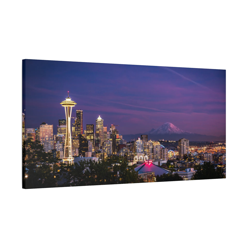 Seattle Skyline at Dusk Classic Stretched Canvas | Space Needle, Mount Rainier Panorama