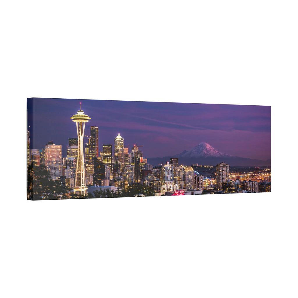 Seattle Skyline at Dusk Classic Stretched Canvas | Space Needle, Mount Rainier Panorama