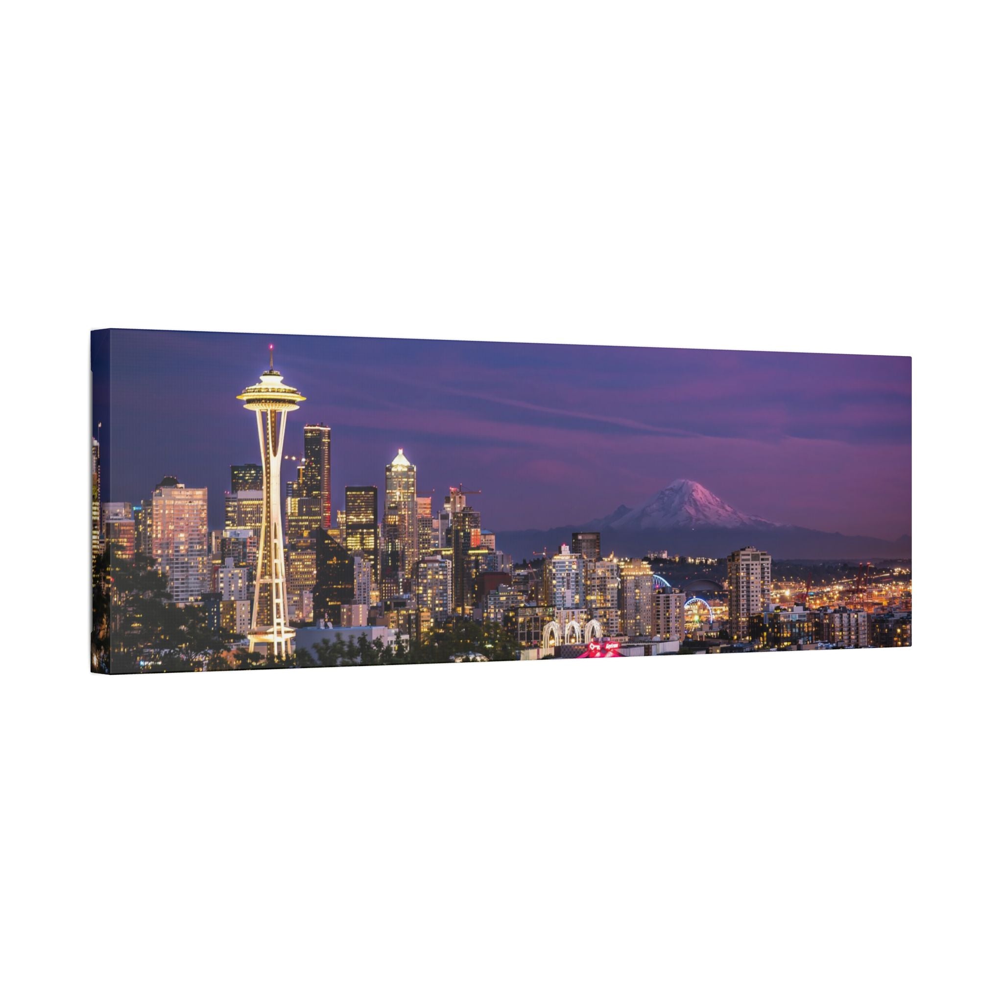 Seattle Skyline at Dusk Classic Stretched Canvas | Space Needle, Mount Rainier Panorama