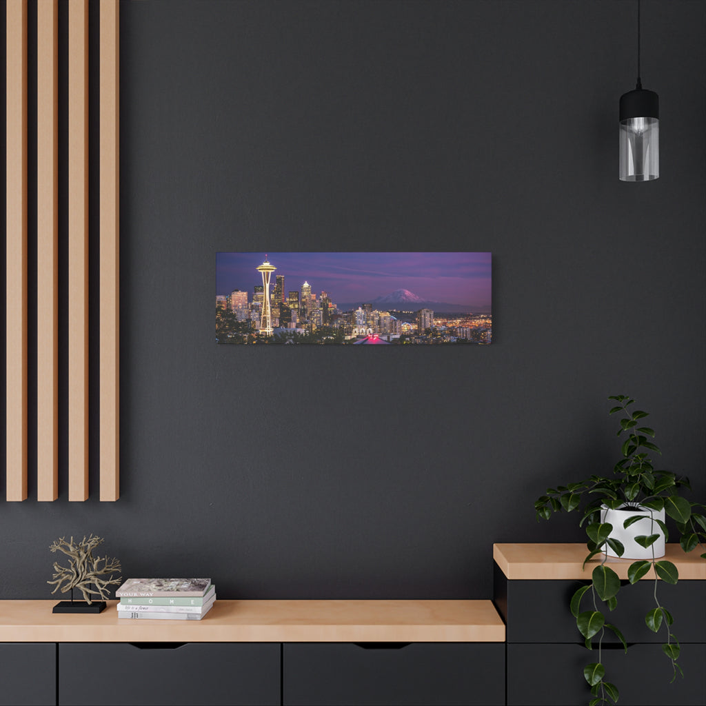 Seattle Skyline at Dusk Classic Stretched Canvas | Space Needle, Mount Rainier Panorama