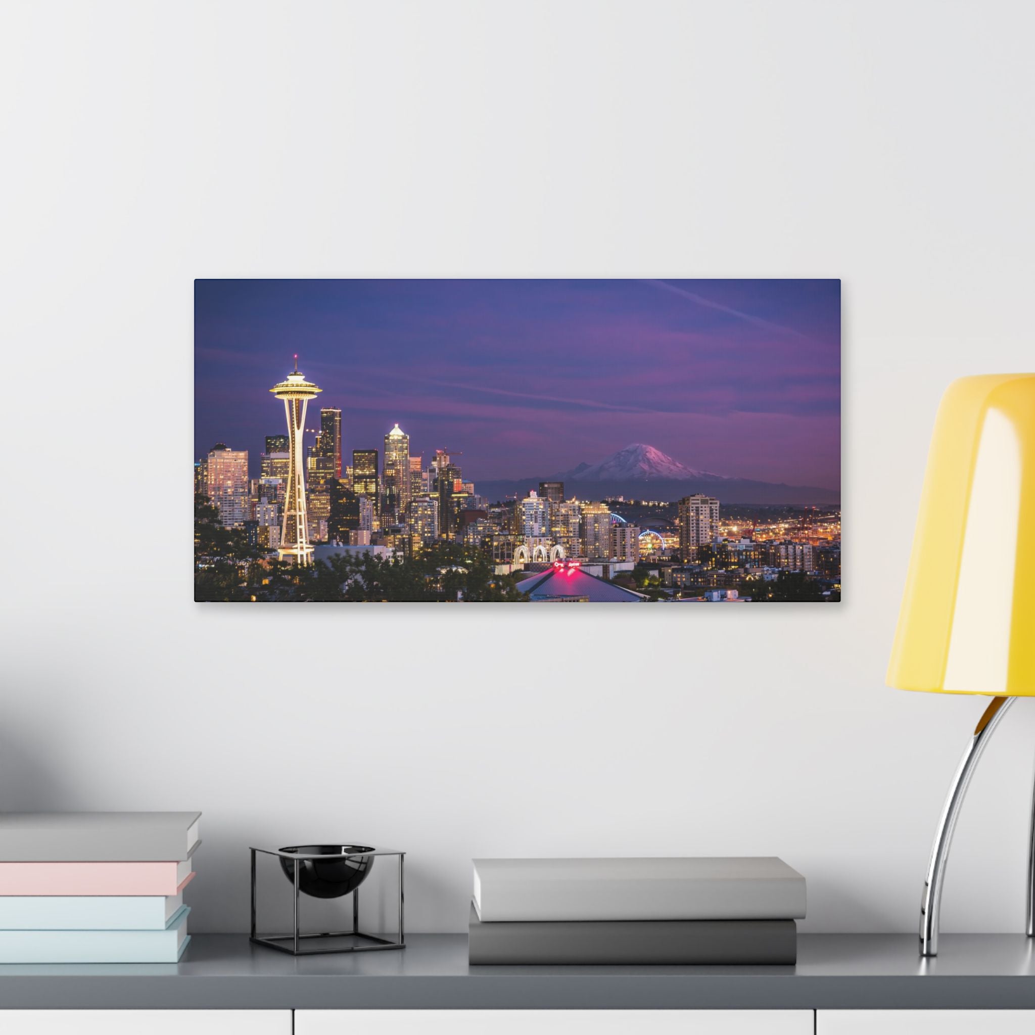 Seattle Skyline at Dusk Classic Stretched Canvas | Space Needle, Mount Rainier Panorama